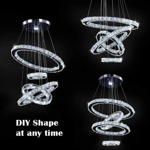 Silver With 4r Cool White LED Chandeliers, Modern Crystal Chandelier Dining Room Living Room LED Ceiling Pendant Light 4 Rings Adjustable Stainless Steel Contemporary Chandeliers (4r Cool White)