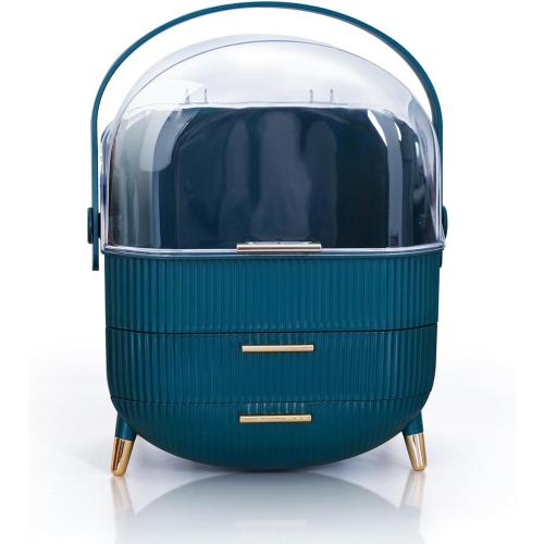 Color Green Makeup Cosmetic Organizer Box with Drawer Storage - Plastic Oval Storage Organizer with Turn Lock, Large Capacity for Women’s Skincare and Beauty Products (Green)