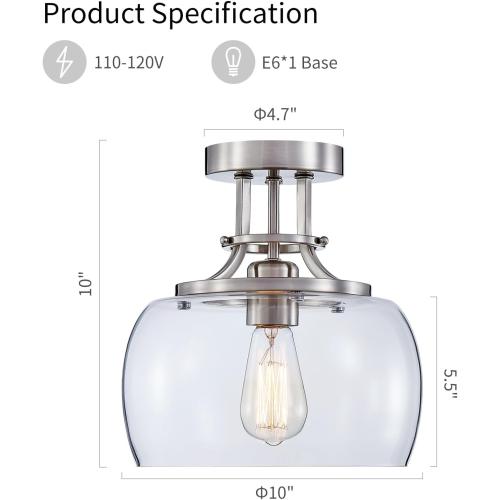 WUZUPS Chandelier Rustic Farmhouse Industrial Round Semi-flushmount Ceiling LED Light Fixture with Clear Glass Shades for Bathroom Kitchen Foyer Entryway, H 10 x W 10, E26 Base, Brushed Nickel
