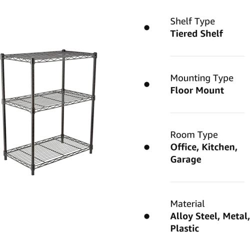 Amazon Basics 3-Shelf Adjustable Heavy Duty Steel Wire Rack Storage Shelving Organizer for Kitchen, Garage, 23.2 L x 13.4 W x 30 H, Black