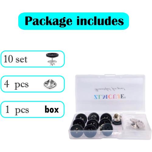 ZLMCUJE 10 Sets 15mm(3/5) 4-Hole Black Resin Button,Safety Pins,No Sewing,No Tool,Reusable for Clothes(Shirts,Cardigans,Pants,ect.) DIY Crafts