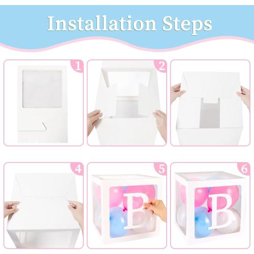 RUBFAC Baby Boxes with 41 Letters and 36 Balloons, 4pcs Clear Balloon Boxes for Baby Shower Gender Reveal Girl Boy Blocks Birthday Party Decorations
