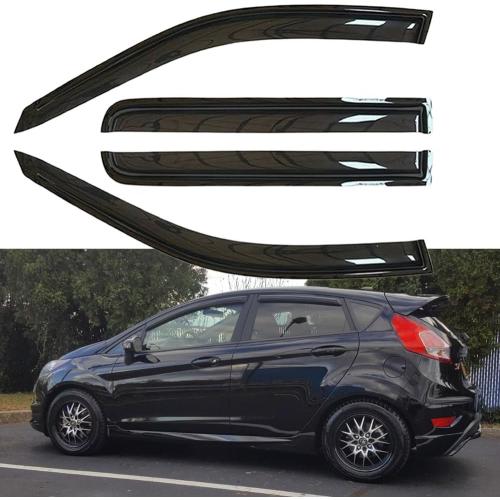 4pcs Out-Channel Window Deflectors for Ford Fiesta Hatchback 09-19 94547 | Outside Mount Adhesive Guards No-Drill Install Reduce Wind Noise Tape-On Acrylic Dark Smoke Rain Guard Shades Sunproof Visors