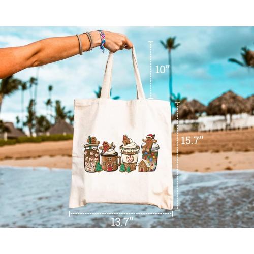 Gingerbread Christmas Coffee Canvas Tote Bag for Women Cute Latte Drink Reusable Grocery Shopping Bags Girls Gifts