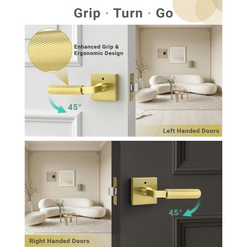 KNOBWELL 1 Pack Gold Door Handle Square Doorknob with Lever Interior Door Lever for Bed and Bath (Push Button)