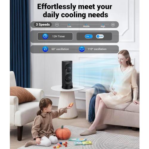 Personal Tower Cooling Fans that Blow Cold Air, Standing Small Desk Fan with 3 Speeds & Timer, 60° & 110° Oscillating Table Fan, Quiet and Safe Electric Floor Fan for Bedroom, Bedside, Home, Office