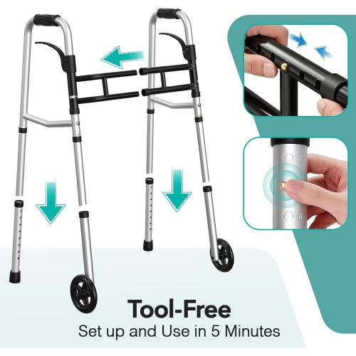 HOMENURSE Folding Walkers for Seniors with Skis, Width & Height Adjustable | Narrow Walker with 5 Wheels for Small Spaces, Aluminum Lightweight Standard Rolling Walker, Supports Up to 300lbs, Silver