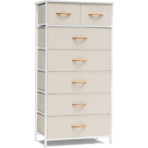Crestlive Products Vertical Dresser Storage Tower - Sturdy Steel Frame, Wood Top, Easy Pull Fabric Bins, Wood Handles - Organizer Unit for Bedroom, Hallway, Entryway, Closets - 7 Drawers (Beige)