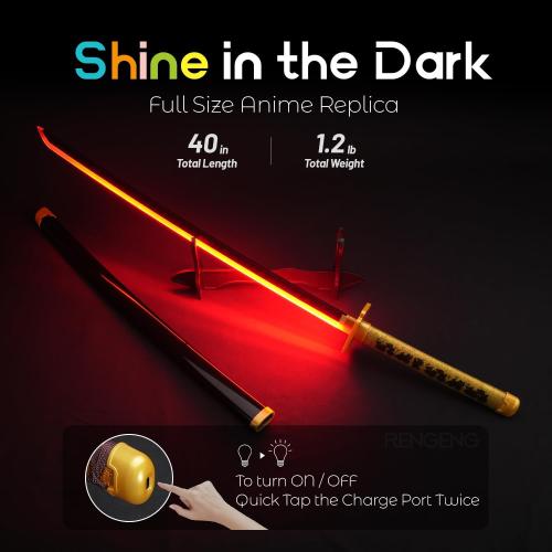 RENGENG Light Up Sword, 40 Inches Rechargeable Plastic Replica with Belt & Stand, Sword with Original Texture
