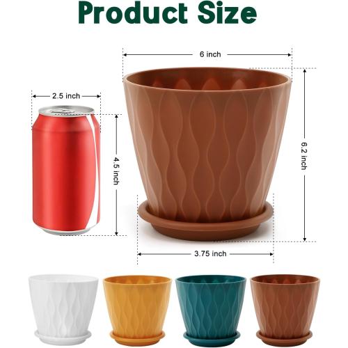 6 Inch Indoor Planter Pots with Drainage Hole and Tray Saucer,Flower Pots for Indoor Outdoor Garden Plants and Flowers, Multicolor, 5 Packs