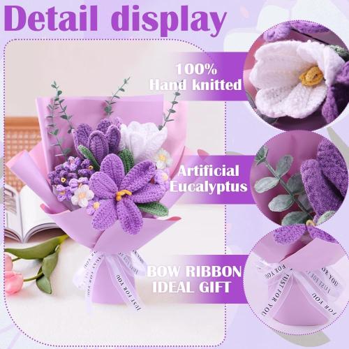 Crochet Flower Bouquet: Crochet Tulips Bouquet Handmade Knitted Flowers with Teachers' Day Wedding Birthday Employee Appreciation Mother's Day Decoration (Purple)