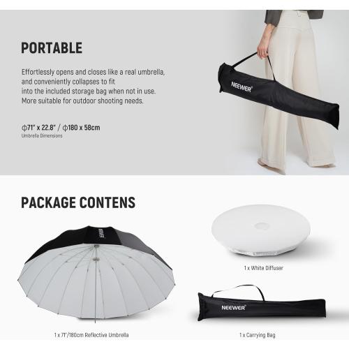 NEEWER 71/180cm Parabolic Reflective Umbrella Photography with White Inner, Soft Lighting with Diffuser Cover, Bag, Quick Fold for Camera Photo Studio Video Light Shooting Monolight Flash, NS4U