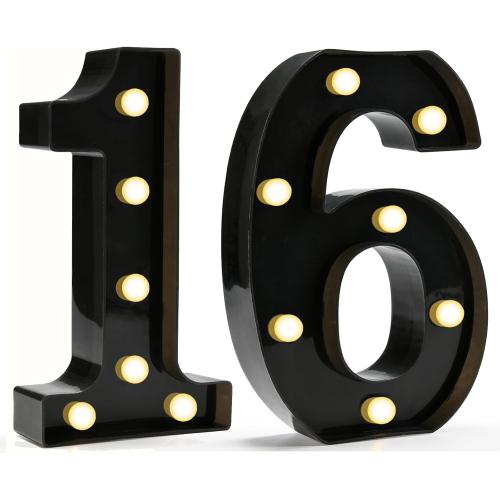 Pooqla Decorative Led Light Up Number Letters, Black Plastic Marquee Number Lights Sign for 16th Birthday Party Wedding Decor Battery Operated Black Decoration 16