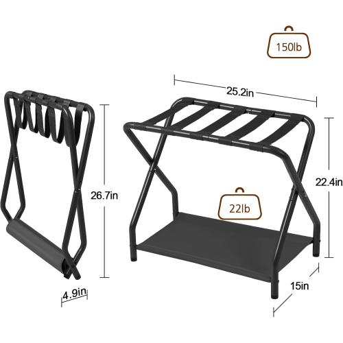 AMHANCIBLE Luggage Rack, Set of 2, Foldable Suitcase Stands for Guest Room, Metal Luggage Holder with Storage Shelf for Bedroom, Hotel, Easy Assemble, Black HLR02BK