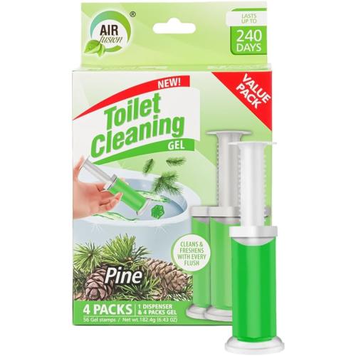 Toilet Cleaning Gel Pine Scent. Pack of 4 (6.43oz) with 56 Gel Stamps for Continuous Toilet Cleaning, Deodorizing & Fruity Freshness.