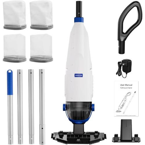 Cordless Handheld Pool Vacuum Cleaner 1110 GPH True Strong Suction 60min Run-time 40µm Ultra Fine Mesh Filter for Leaves Debris,with Aluminum Pole&Angle Head for Hot Tubs,Inground &Above Ground Pools
