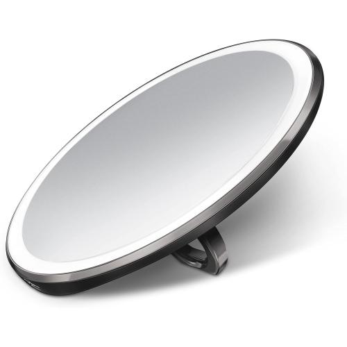 Size Medium simplehuman Sensor Mirror, Lighted Compact Makeup Magnifying Mirror with Light, Round, Travel Size, Black Stainless Steel