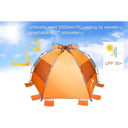 Oileus X-Large 4 Person Beach Tent Sun Shelter - Portable Sun Shade Instant Tent for Beach with Carrying Bag, Stakes, 6 Sand Pockets, Anti UV for Fishing Hiking Camping, Waterproof Windproof, Orange