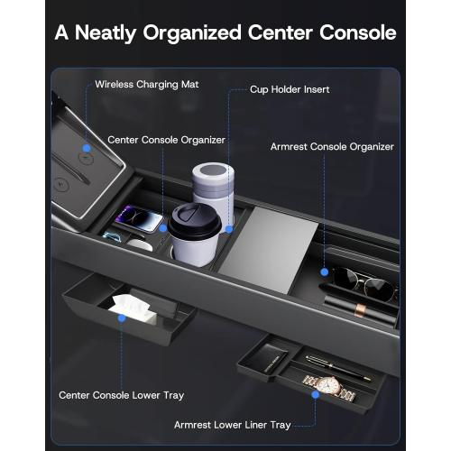 Center Console Organizer Tray for Tesla Model Y Juniper 2026 2025 (Premium & Performance), 8PCS - PC Material & Silent Silicone Armrest Storage Box Bottom Liners Wireless Charging Pad Cup Holder