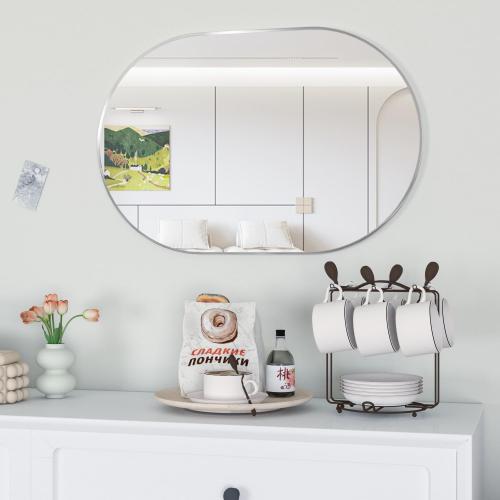 Oval Bathroom Mirror Wall Vanity Oval Mirrors, 20x30 Silver Bathroom Mirrors for Over Sink Pill Mirrors Capsule Wall Mounted Mirror, Modern Mirror with Metal Frame for Wall Decor