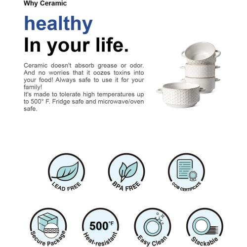 LE TAUCI Soup Bowls with Handles, 20 oz French Onion Soup Crocks, Stackable Soup Bowl Oven Safe for Chili, Beef Stew, Embossment Ceramic Bowl Set - 5.4 Inch, Set of 4, Arctic White