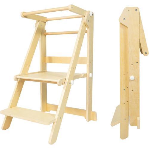 Foldable Toddler Learning Standing Tower, WOOD CITY Montessori Kitchen Step Stool Helper with 3 Adjustable Heights Learning Kitchen Tower for Counter and Bathroom Sink (Natural)