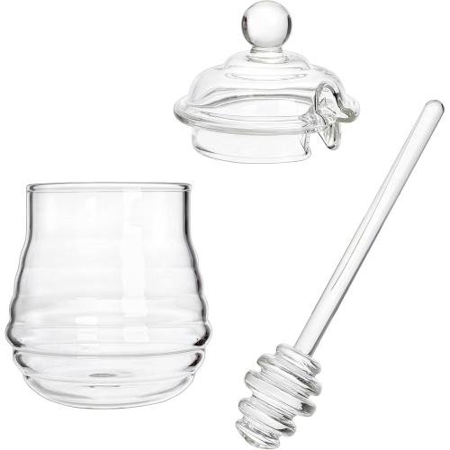Lawei Glass Honey Jar with Dipper and Lid, 10 OZ Heat-Resistant Bee Hives Honey Pot, Clear Glass Honey Container for Store Honey and Syrup, Home and Kitchen, Easy to Clean, Dishwasher Safe