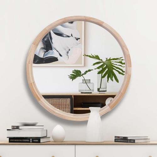 WOODEN CONGUILIAO Round Mirror, 30 Inches Wood Mirror, Wall Decorative Circle, Nature Big Bathroom Large Vanity Farmhouse for Living Room Bedroom Entryway