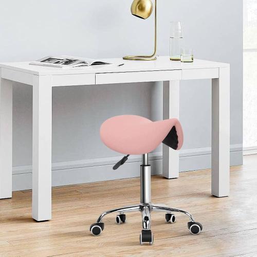PINK KKTONER Rolling Saddle Stool PU Leather Swivel Adjustable Rolling Stool with Wheels Salon Chair