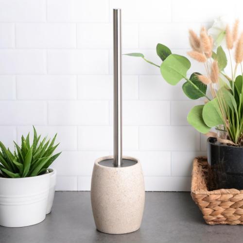 Toilet Bowl Brush and Holder with Stainless Steel Long Handle, Toilet Scrubber Brush with Durable Base, 360° Deep Cleaning Bristles for Bathroom, Compact Set for Small Space (Beige)