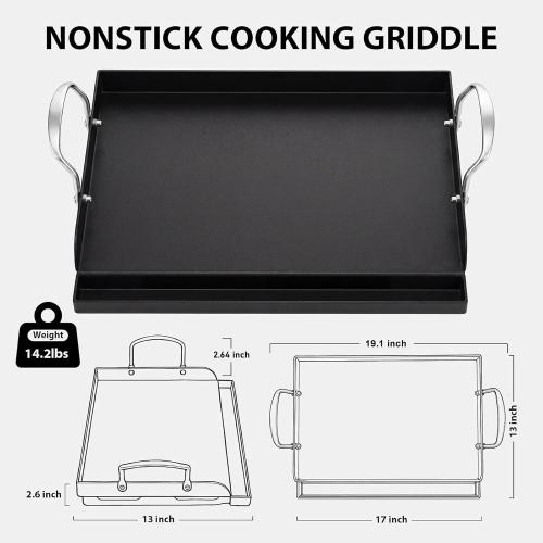 Utheer Cast Iron Griddle, Pre-Seasoned, Nonstick, 17 x 13 in Flat Top