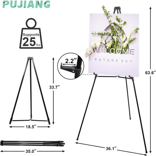 PUJIANG 63 Aluminum Easel Stand for Sign, Large Collapsible Easels for Display Posters/Whiteboard, Adjustable Height Artist Easel for Painting- Floor/Tabletop, Holds 25 lbs,1pcs
