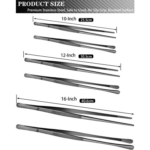 JETKONG 2 Pcs 16-Inch Kitchen Tweezers Tongs with Precision Serrated Tips, Stainless Steel Chef Tweezer Professional Cooking Tweezers for BBQ, Plating and Serving (16-Inch, Black)