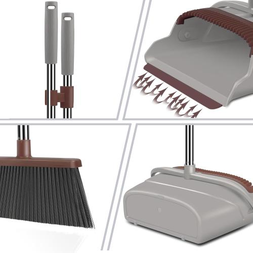 Upgrade Broom and Dustpan Set, Self-Cleaning with Dustpan Teeth, Ideal for Dog Cat Pets Home Use, Super Long Handle Upright Stand Up Broom and Dustpan Set (Brown)