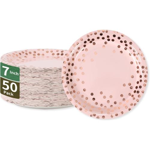 Pink & Rose Gold Dots Party Paper Plates, 50 PCS Disposable Party Supplies Dessert Paper Plates for Birthday Wedding Bridal Shower Supplies (7 inches)