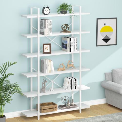 6 Tier Tall White Bookshelf, Industrial Modern Vertical Metal and Wood White Bookcases 6 Shelf,Farmhouse Open Large Storage Book Shelves & Display Book Shelf for Bedroom Living Room Office