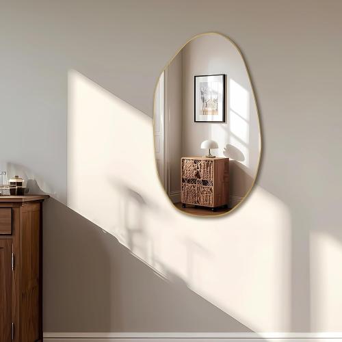 BOMINICA Irregular Wall Mirror Asymmetrical Mirror, Decorative Wall Mirror Golden Wood Framed, Wall Mounted Mirror for Bathroom Living Room Entryway Bedroom Hallway (Gold, 19.5 x 33.5)