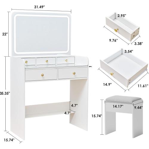 Makeup Vanity Desk Set with LED Lighted Mirror Glass Top Dressing Table & Stool, 5 Storage Drawers, Power Outlet, Hair Rack Stepless Dimmable Lights (3 Color Modes), White (the mirror is broken; see the picture) (NO TEST)