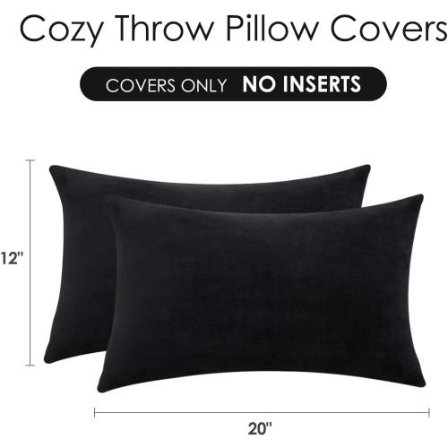 Throw Pillow Covers Decorative Velvet Set of 2 12x20 Inch Pillow Covers, Soft Black Lumbar Pillowcases for Couch Sofa Bed Living Room, Farmhouse Home Boho Decor, Accent Cushion Covers