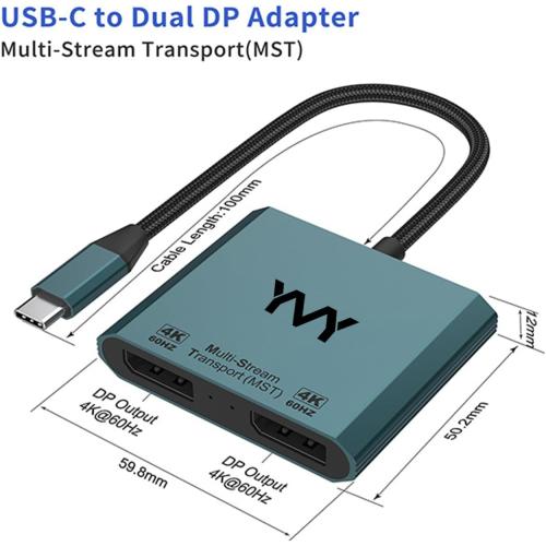 USB C to Dual DisplayPort Adapter, YMY Dual Monitor Connector 4K 60Hz, Type C to DP Screen Splitter for 2 Monitors Compatible with MacBook Pro/Air, Pad, Surface, Dell, Galaxy, Chromebook