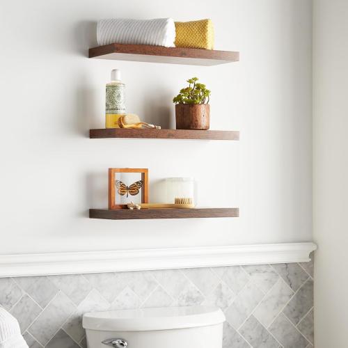 BAYKA Floating Wood Shelves - Wall Mounted for Bathroom,Bedroom,Living Room,Kitchen,Small Hanging Shelf for Books/Storage/Room Decor with 22lbs Capacity(Rustic Brown,Set of 3,15.7inch)