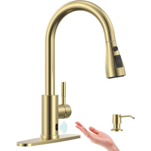 APPASO Touchless Kitchen Faucets Gold, Brushed Gold Kitchen Faucet Touchless, Touchless Kitchen Faucet with Pull-Down Sprayer and Soap Dispenser, Stainless Hands Free Faucet for Kitchen Sink 2-4 Hole