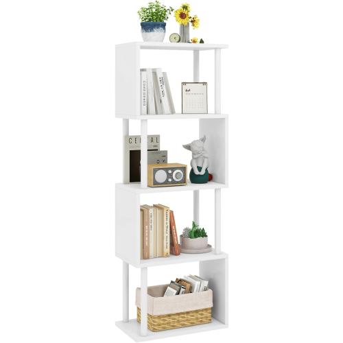 IBUYKE 5-Tier Tall Bookshelf,S-Shaped Geometric Bookcase, Wood Display Shelves with Storage,Modern Bookshelf for Living Room Bedroom, Home Office, White WBC015W