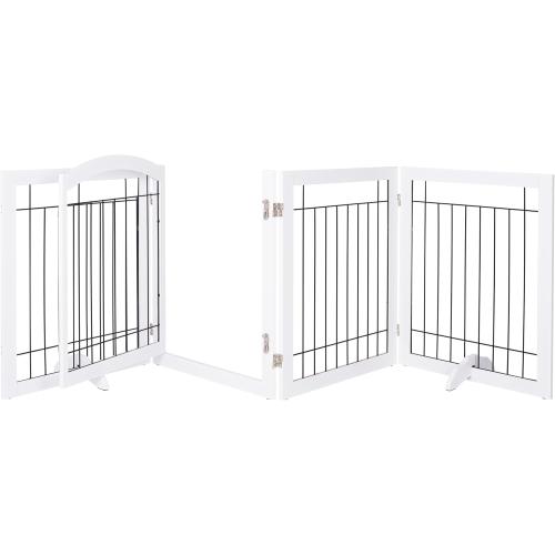 SPIRICH 96-inch Extra Wide 30-inches Tall Dog Gate with Door Walk Through, Freestanding Wire Pet Gate for The House, Doorway, Stairs, Pet Puppy Safety Fence, Support Feet Included (White)