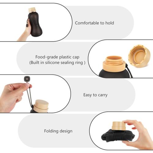 Collapsible Water Bottles,650ml,Leak Proof,Reuseable BPA Free Silicone Foldable Water Bottles,Durable Lightweight for Travel Gym Camping Hiking,Compact Size Portable Sports Water Bottle (Black)