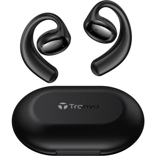Black TRANYA Open Ear Bluetooth Headphones, Wireless Earbuds with APTX Adaptive Sound 16MM Large Driver, CVC8.0 Noise Cancellation, IPX5 Waterproof Sports Earbuds with 32H Playtime for Workout