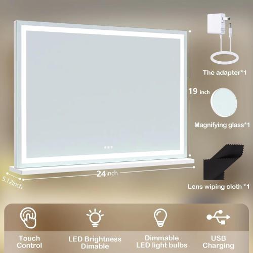 Makeup Vanity Mirror with USB Charging Port 24 x 19 Large LED Makeup Mirror, Desk Mirorr with Lights, Light up Mirror with 10X Magnification and, Dimmable 3 Modes, Touch Control White