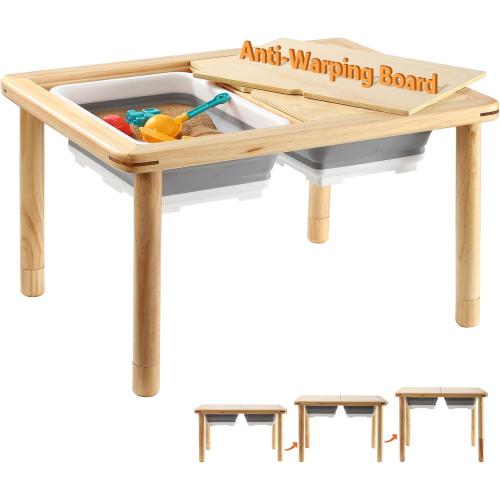 FUNLIO Wooden Sensory Table for Toddlers 1-5, 3-Level Height Adjustable Kids Activity Table with Anti-Warping Plywood Lid, Indoor/Outdoor Play Sand and Water Table, CPC Certified