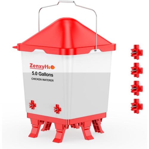 5.0 Gal Chicken Waterer Bucket with 4 Horizontal Water Nipples | Height-adjustable, Anti-roost Cone for Backyard Chicken Flocks