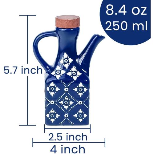 Blue Ceramic Olive Oil Dispenser Bottle for Kitchen, 8.5 oz Cruet for Avocado Oil with Handle & Wooden Stopper, Small Decorative Oil and Vinegar Dispenser Set, Oil Container Cruet for Olive